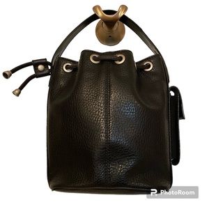 EIFFEL PARIS BAG DRAWSTRING SAC BLACK PEBBLED LEATHER SHORT TOP HANDLE PEWTER